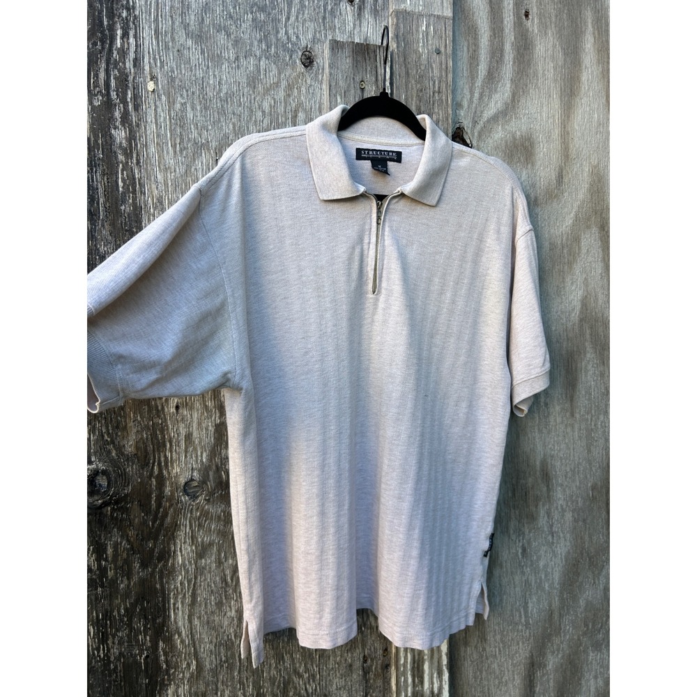 Vintage Structure Quarter Zip Knit Polo Shirt Men's M Beige 100% Cotton Y2K 90's